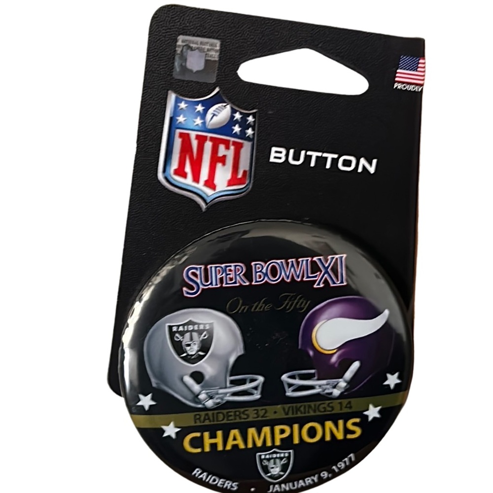 NFL Raiders Super Bowl on The Fifty Raiders vs Vikings Han 9 th 1977 Button Pin
